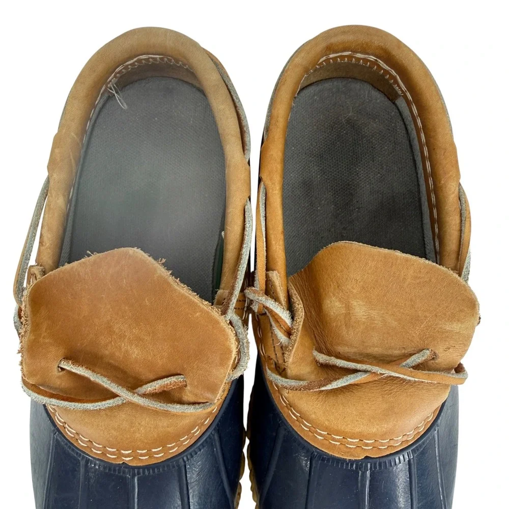 LL Bean Boot Low Shoes Rubber Duck Navy Blue Tan Leather Men 6 Women 8 USA